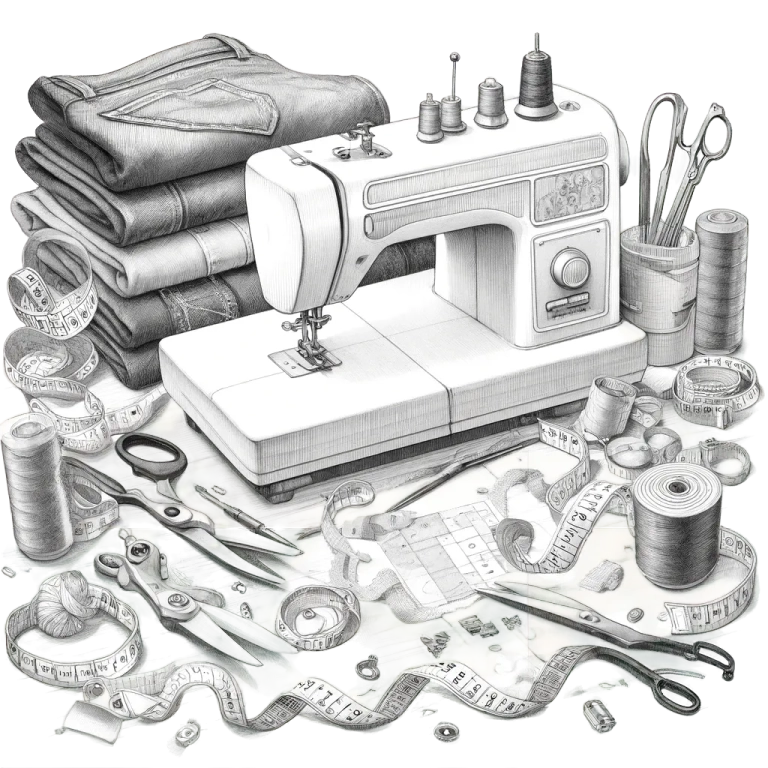 About Company Image showing a sewing maching with other tailoring tools like scissors etc.